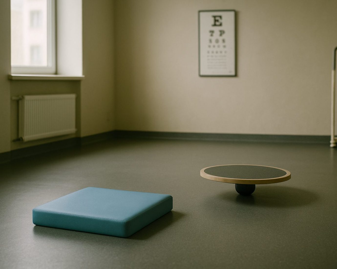 A quiet rehabilitation room with a blue foam balance pad and a round wooden wobble board on a rubber floor, an eye chart on the far wall.