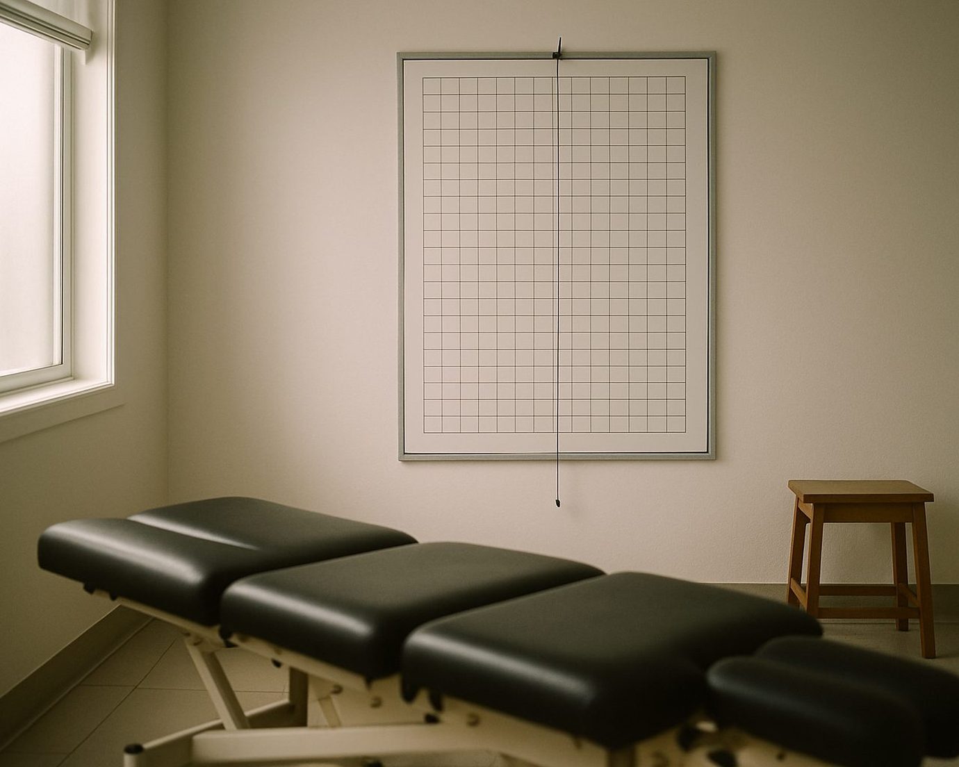 An empty exam room with a black treatment table in the foreground, a framed posture grid with a plumb line hanging on the wall, and a wooden stool by the window.