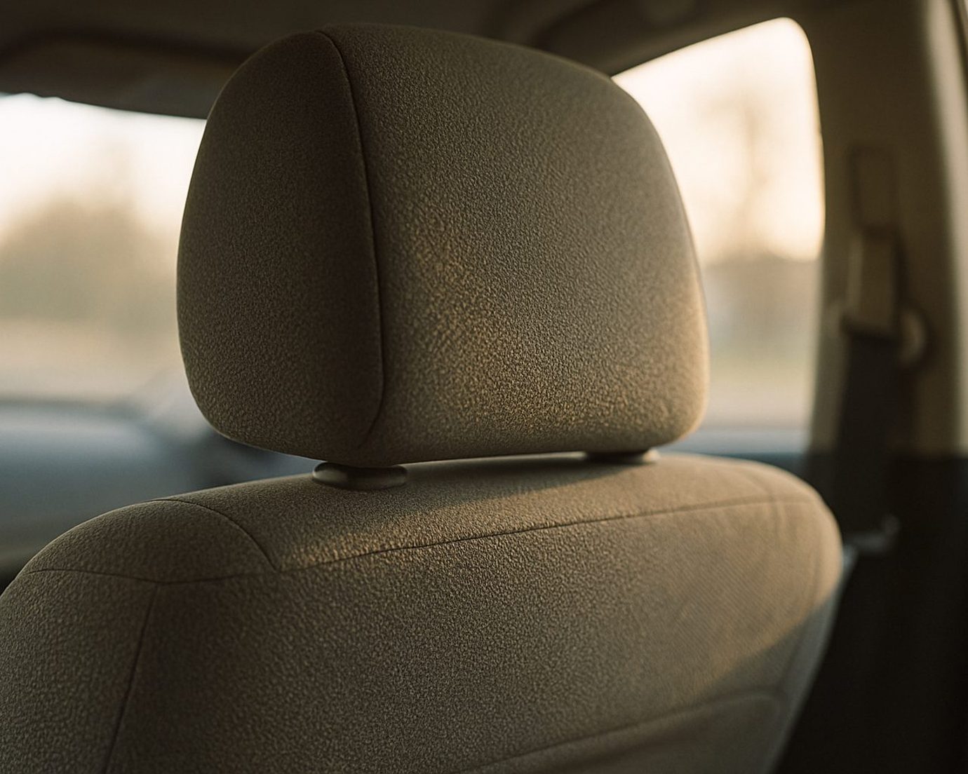A cloth car seat head restraint and seat back photographed from the rear seat, warm late afternoon light through the side window, the car empty.