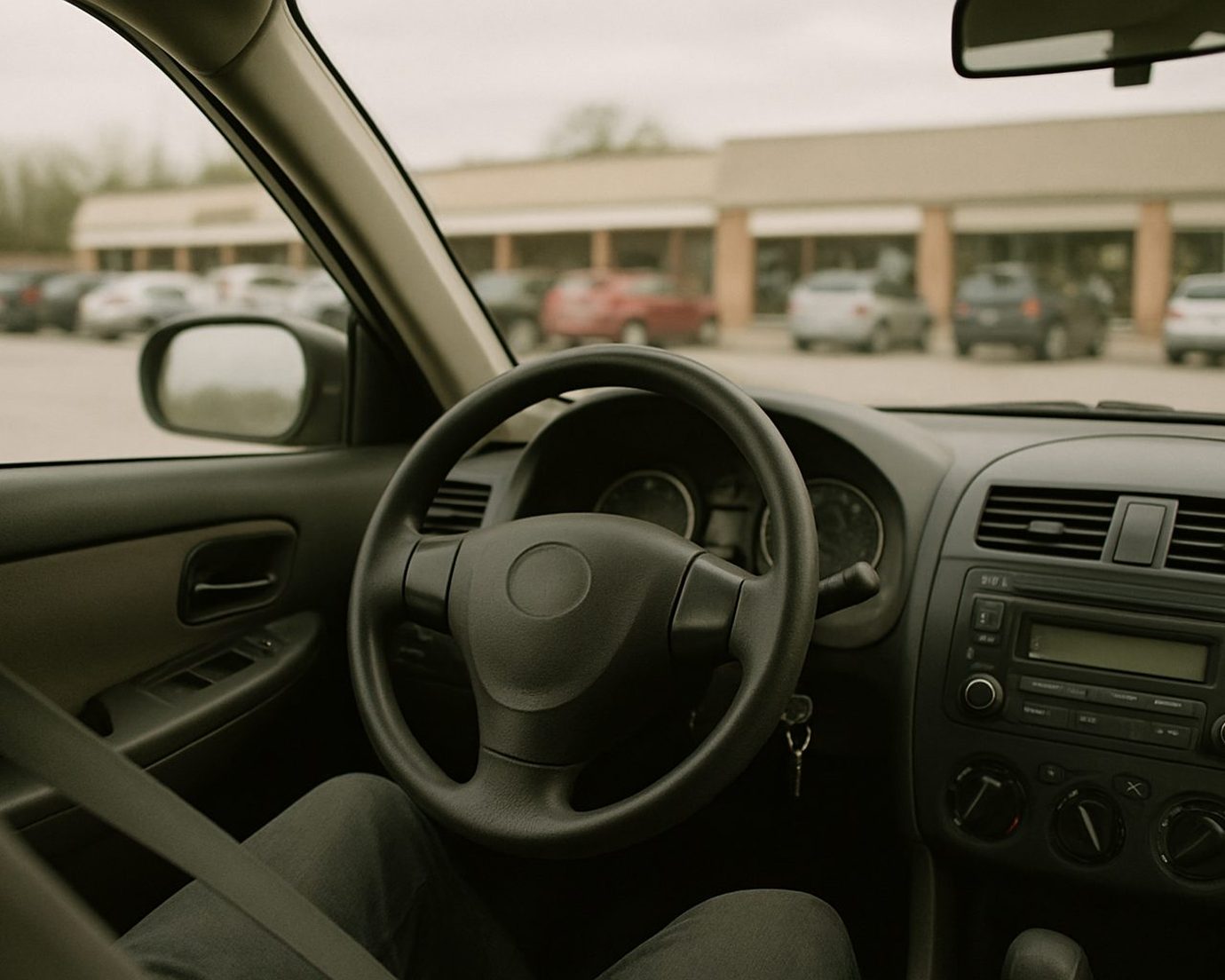 View from the driver's seat of a parked car on an overcast morning, seat belt buckled, a strip of shops and parked cars out of focus beyond the windshield.