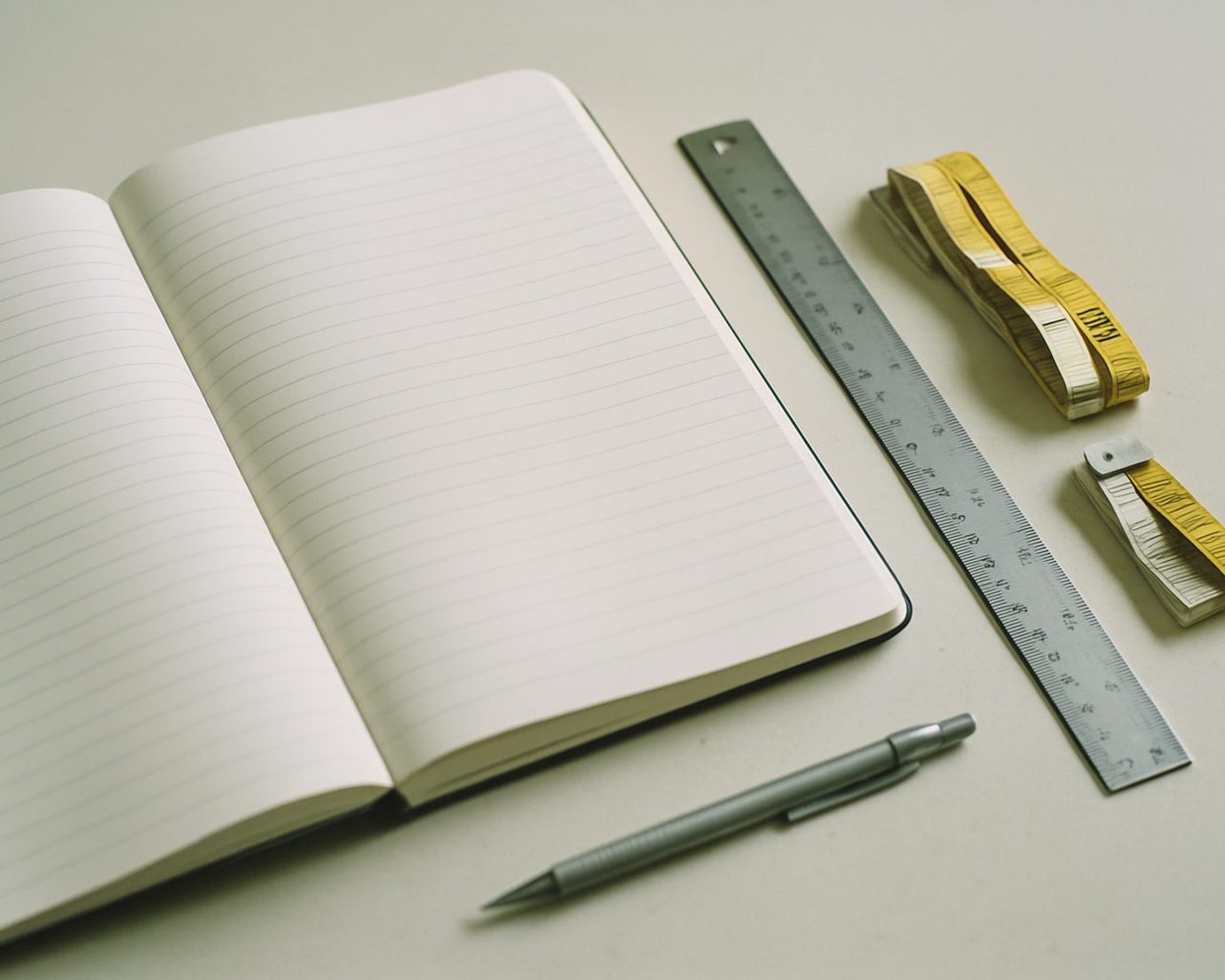 An open ruled notebook with blank pages on a pale desk, beside a steel ruler, a mechanical pencil, and a folded yellow tape measure.